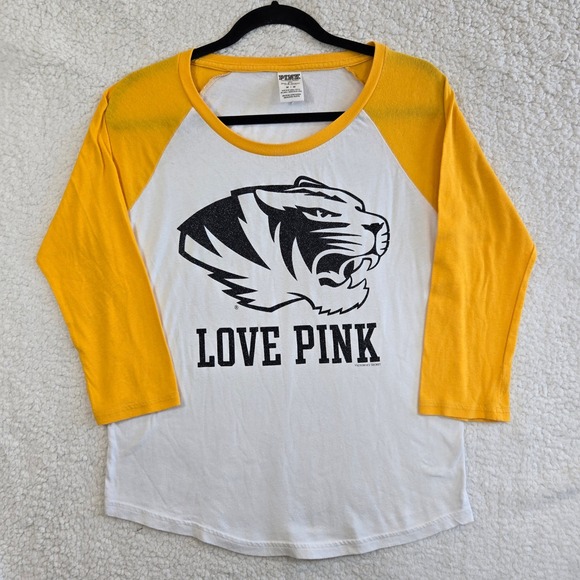 PINK Victoria's Secret Tops - PINK Victoria's Secret Raglan Tee Women M White Yellow Collegiate Mizzou Tigers